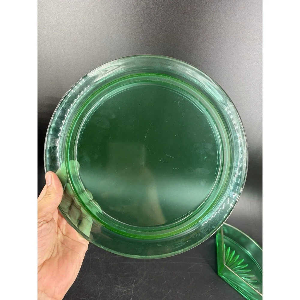 Vintage Green Depression Uranium Glass 4 Piece Large Silver Divided Dish Glow